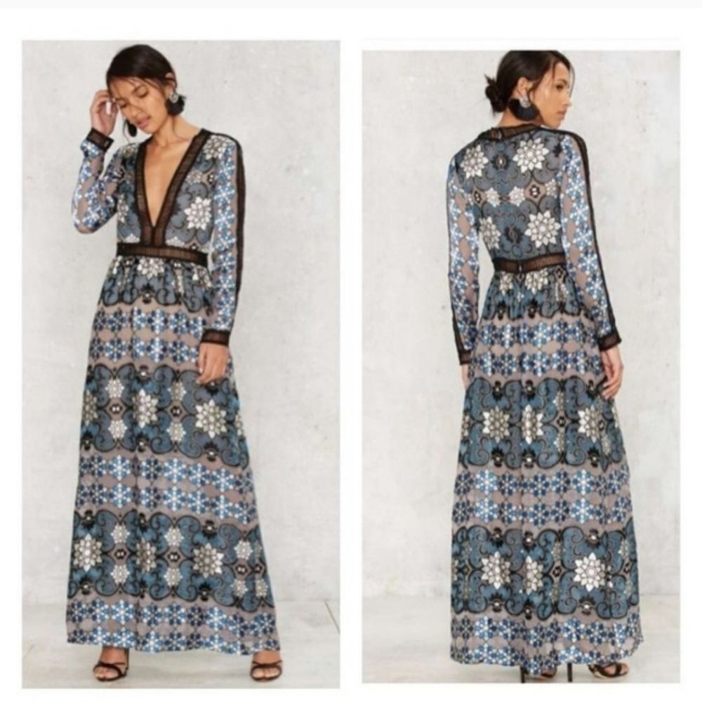 NWT For Love &‎ Lemons Juliet Floral  Lattice Trim A-line Semi Sheer Maxi Dress